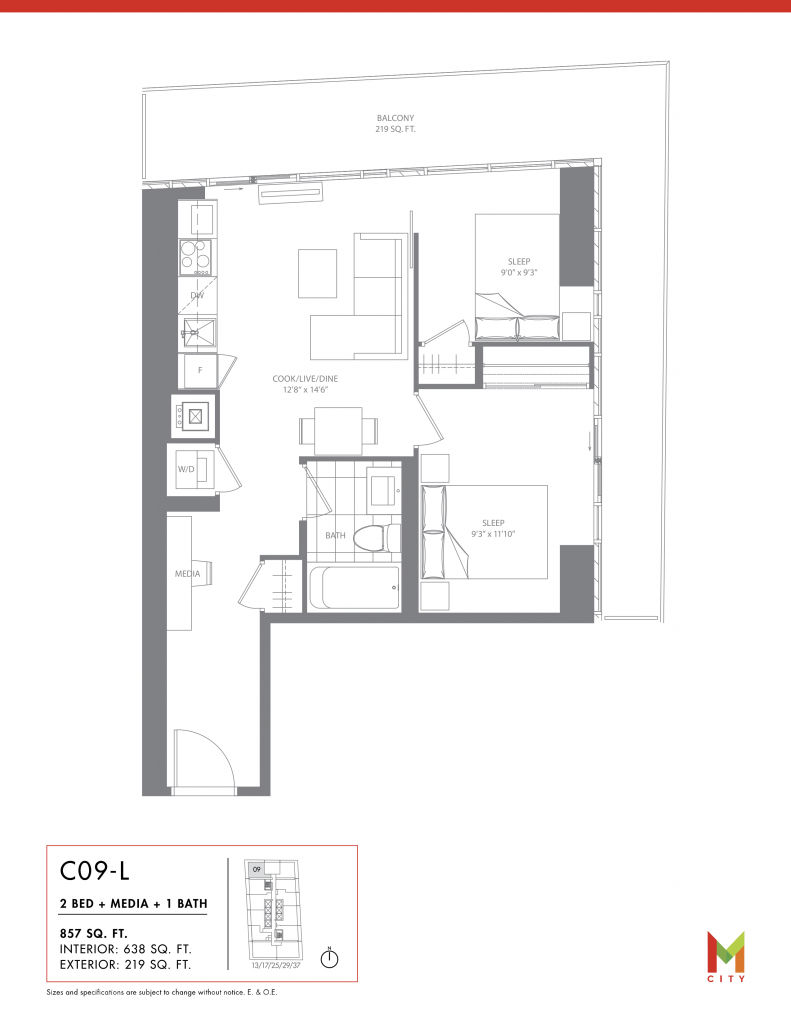 Floor plan of 2 bedroom and media at M City 1.