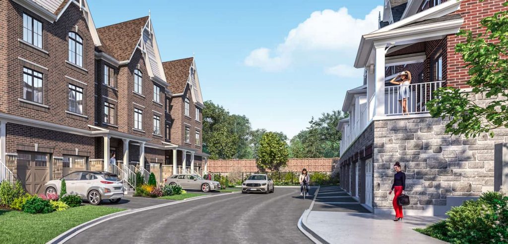 Interior street rendering of Mill Street Townhomes