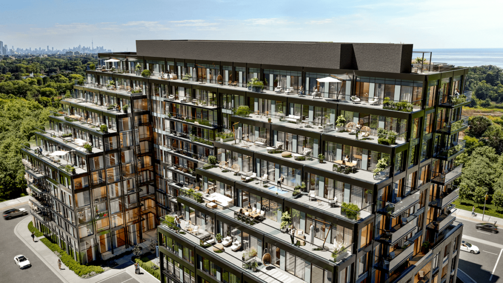 Exhale Residences exterior rendering. Depicts a modern and modular looking exterior 