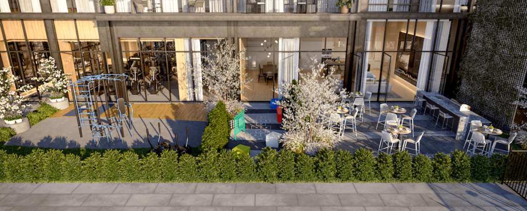 Exhale amenities rendering depicting an exterior patio/dining lounge and outdoor workout equipment
