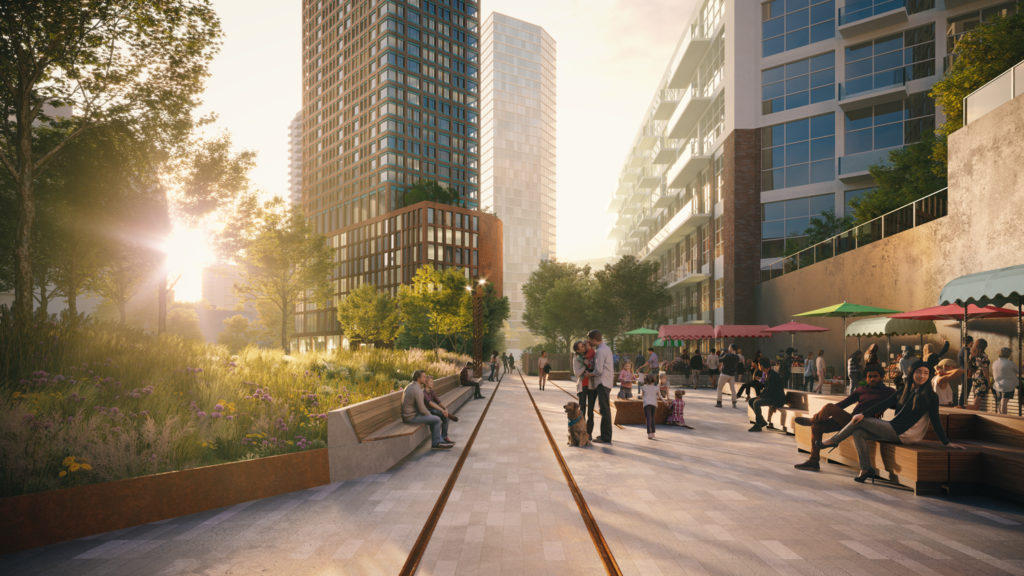 Sunset rendering of the exterior of the building, depicting a park area with shrubbery and on the left. There is a walkway down the middle with benches and umbrellas. The umbrellas are offering shade for those relaxing in the communal space.